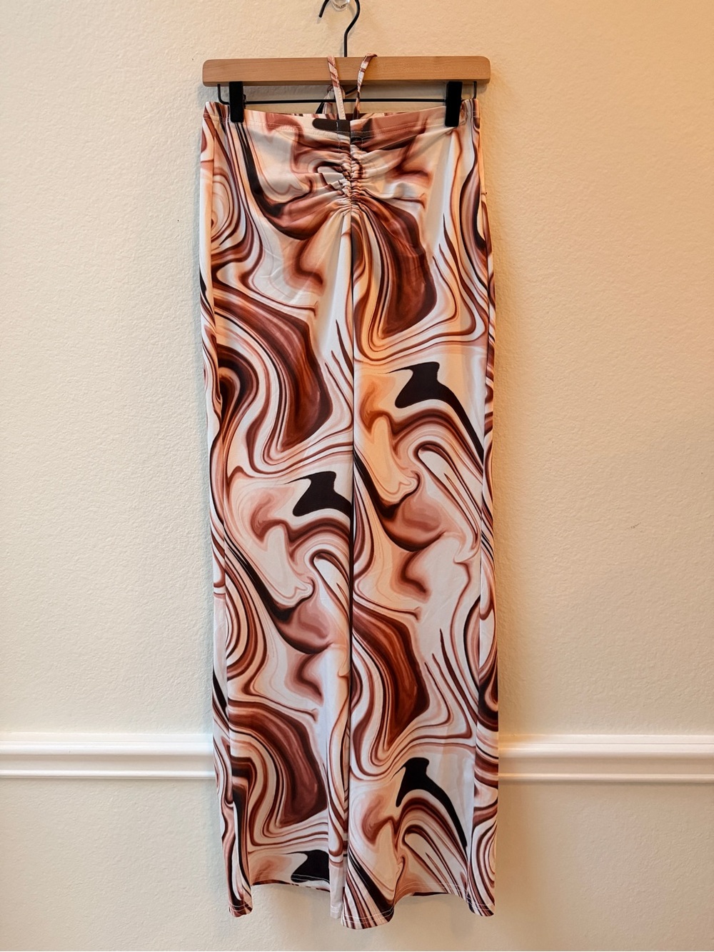 SHEIN SXY Marble Print Wide Leg Pants Ruched Waist Y2K‎ Brown Festival M